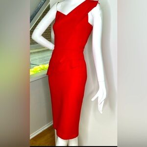 Roland Mouret Sz 2 Red Crepe Wool Pernice One Shoulder Back Zip Dress